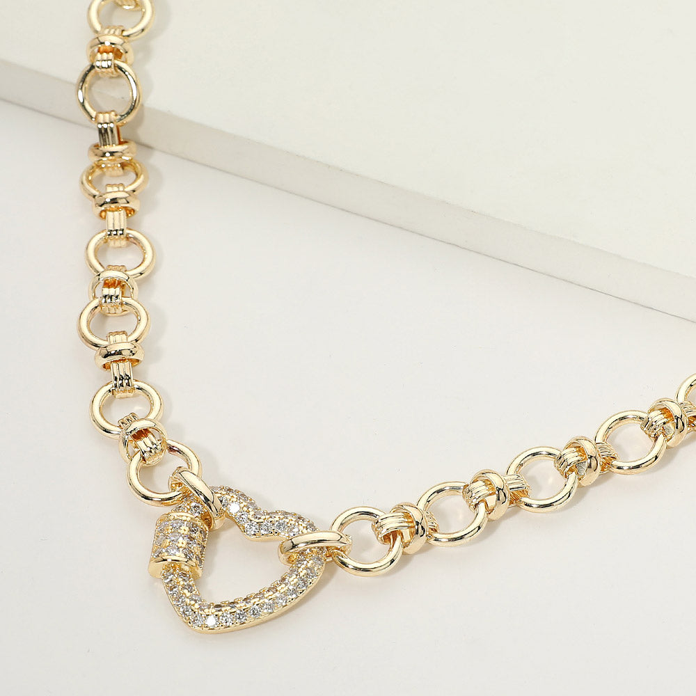 14K Gold Plated CZ Pave Heart Carabiner Accent Link Chain Necklace M H W ACCESSORIES LLC 14K Gold Plated CZ Pave Heart Carabiner Accent Link Chain Necklace