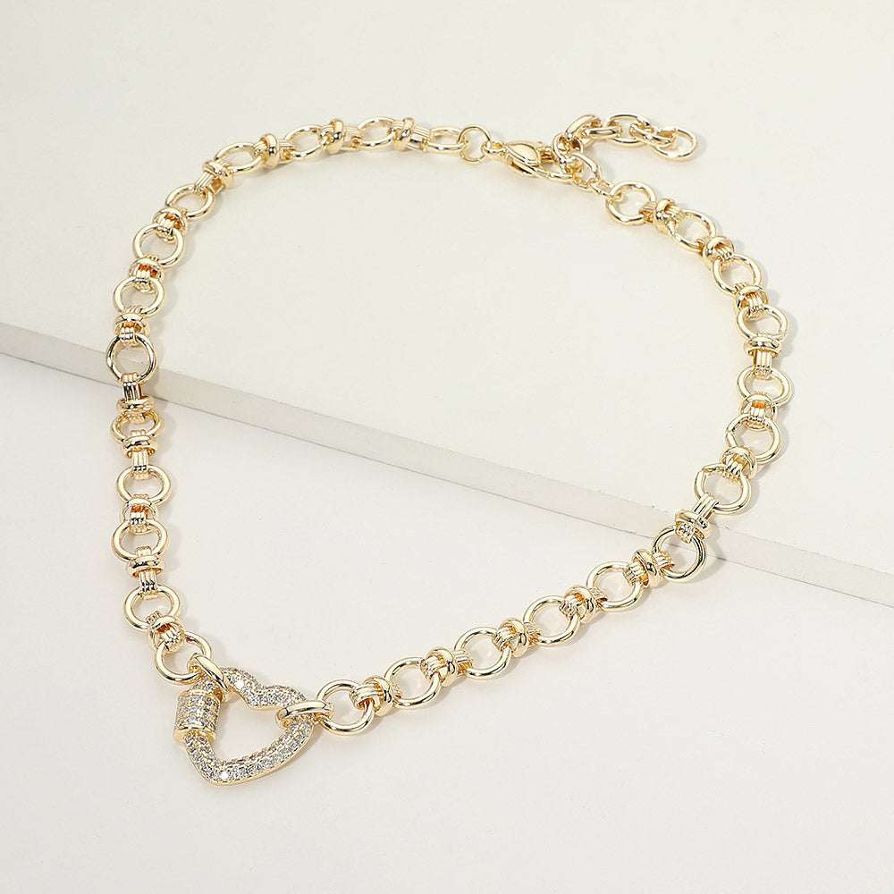 14K Gold Plated CZ Pave Heart Carabiner Accent Link Chain Necklace M H W ACCESSORIES LLC 14K Gold Plated CZ Pave Heart Carabiner Accent Link Chain Necklace