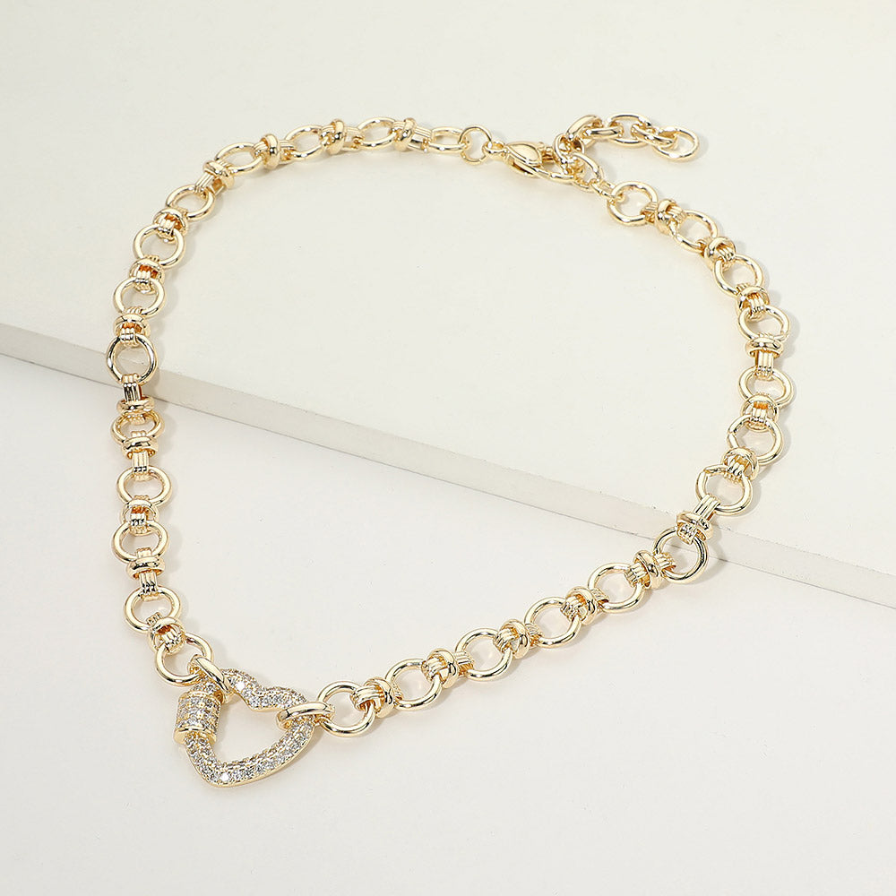 14K Gold Plated CZ Pave Heart Carabiner Accent Link Chain Necklace M H W ACCESSORIES LLC 14K Gold Plated CZ Pave Heart Carabiner Accent Link Chain Necklace