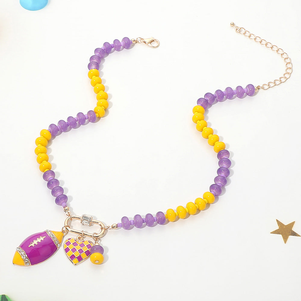 Purple & Yellow Gameday Football Heart Charm  Pendant Beaded Necklace M H W ACCESSORIES LLC Purple & Yellow Gameday Football Heart Charm  Pendant Beaded Necklace