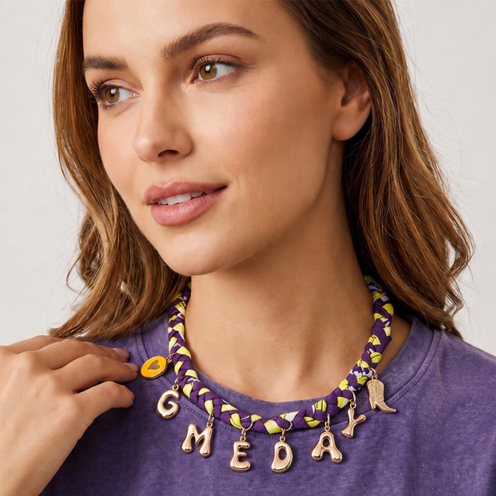 Purple & Gold Western GAME DAY Charm Fabric Braided Statement Necklace M H W ACCESSORIES LLC Purple & Gold Western GAME DAY Charm Fabric Braided Statement Necklace