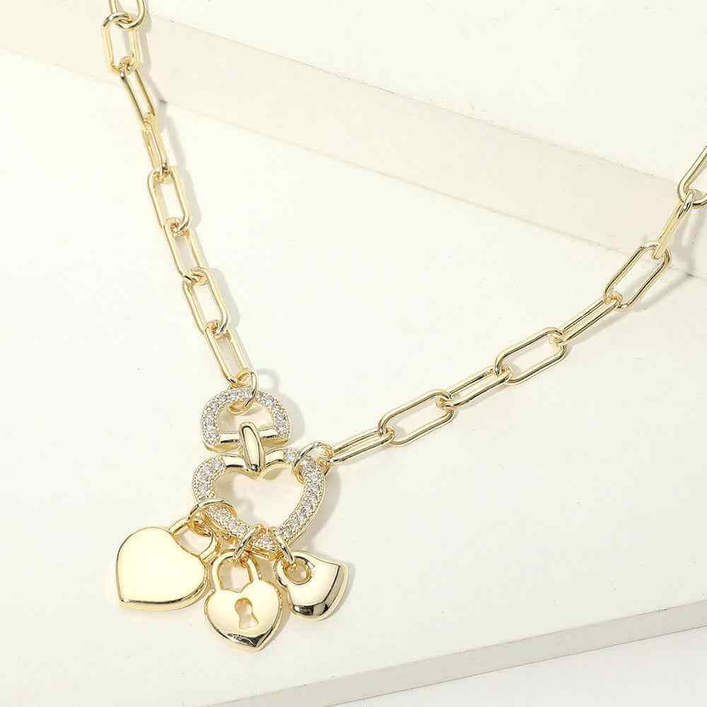 14K Gold Plated CZ Pave Heart Ring Triple Padlock Charm Pendant Paperclip Chain Necklace