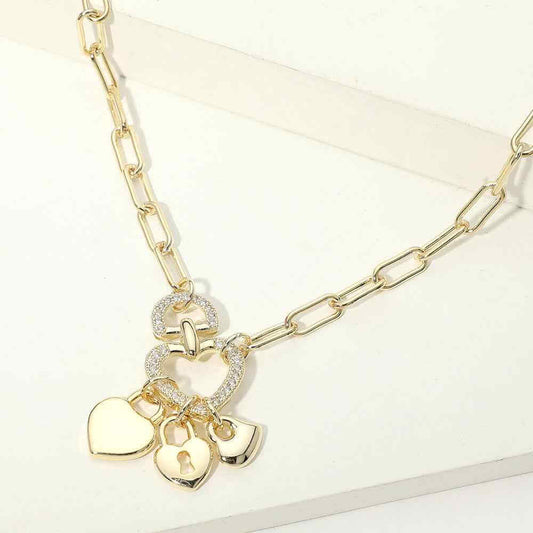 14K Gold Plated CZ Pave Heart Ring Triple Padlock Charm Pendant Paperclip Chain Necklace