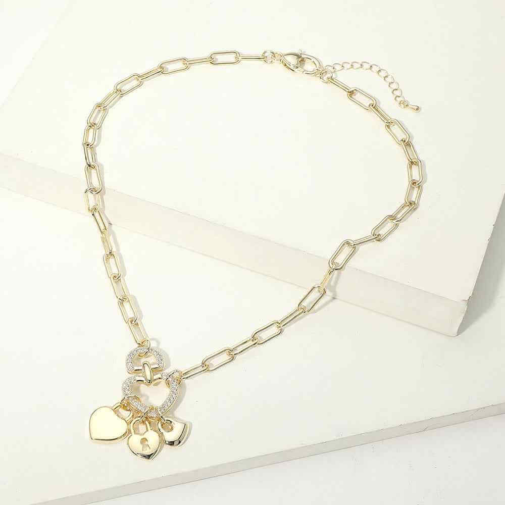 14K Gold Plated CZ Pave Heart Ring Triple Padlock Charm Pendant Paperclip Chain Necklace