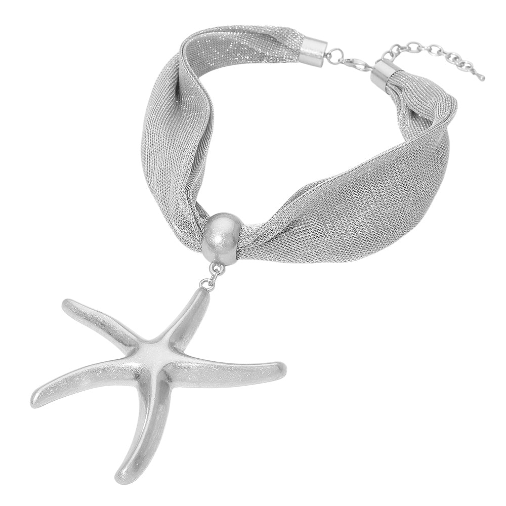 Bold Brushed Metal Starfish Pendant Mesh Statement Necklace