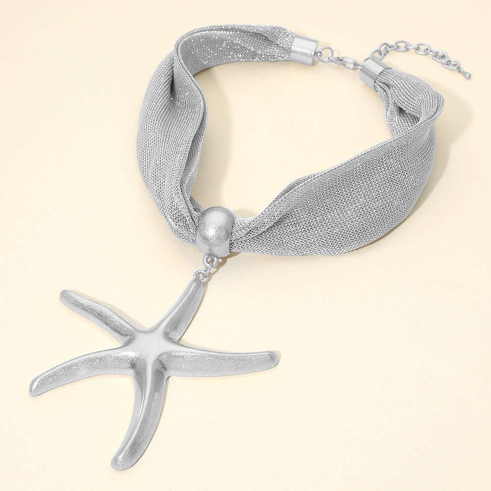 Bold Brushed Metal Starfish Pendant Mesh Statement Necklace M H W ACCESSORIES LLC Bold Brushed Metal Starfish Pendant Mesh Statement Necklace