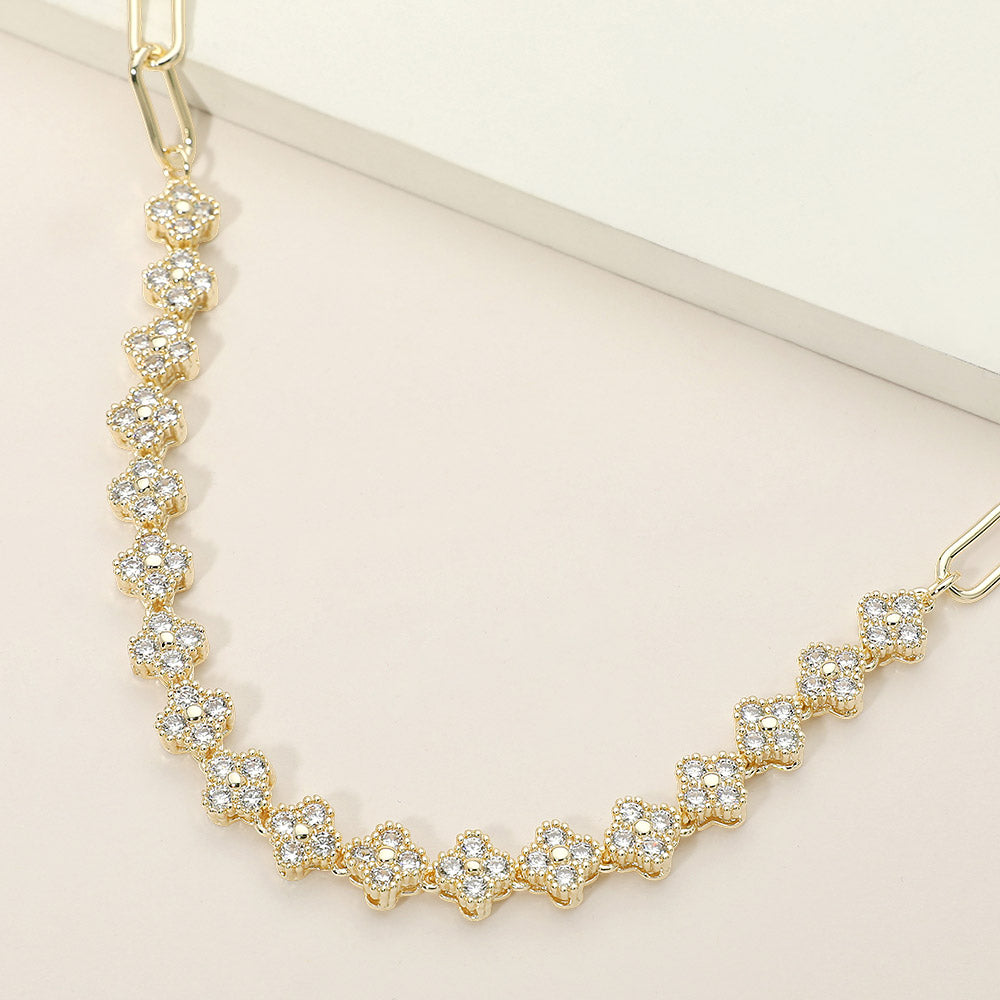 14K Gold Plated CZ Pave Row Of Quatrefoil Charm Paperclip Chain Link Necklace