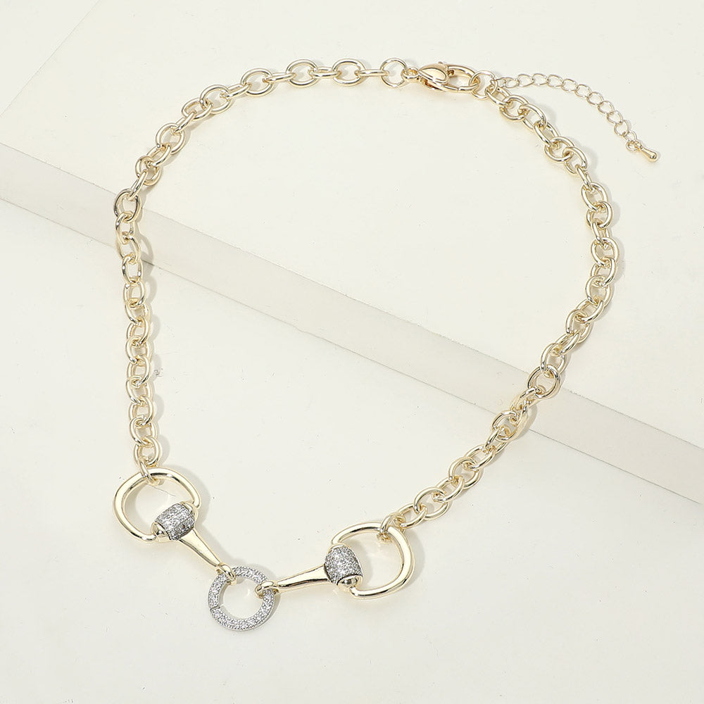 14K Gold Plated CZ Pave Horsebit Link Chain Necklace