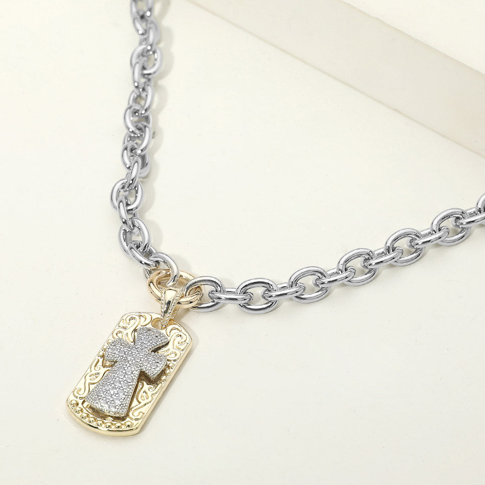 14K Gold Plated Two Tone CZ Pave Cross Tag Charm Chunky Chain Necklace