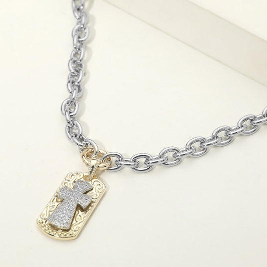 14K Gold Plated Two Tone CZ Pave Cross Tag Charm Chunky Chain Necklace