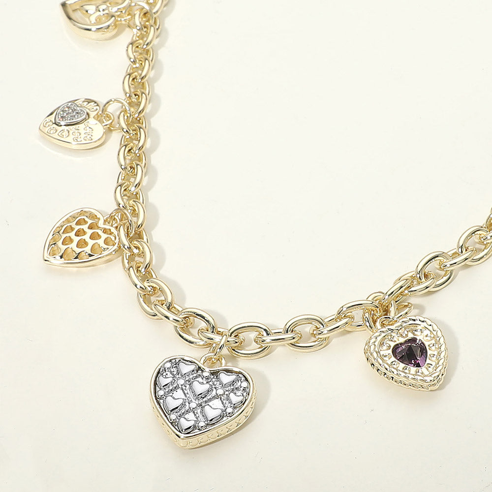 14K Gold Plated CZ Heart Charm Station Necklace