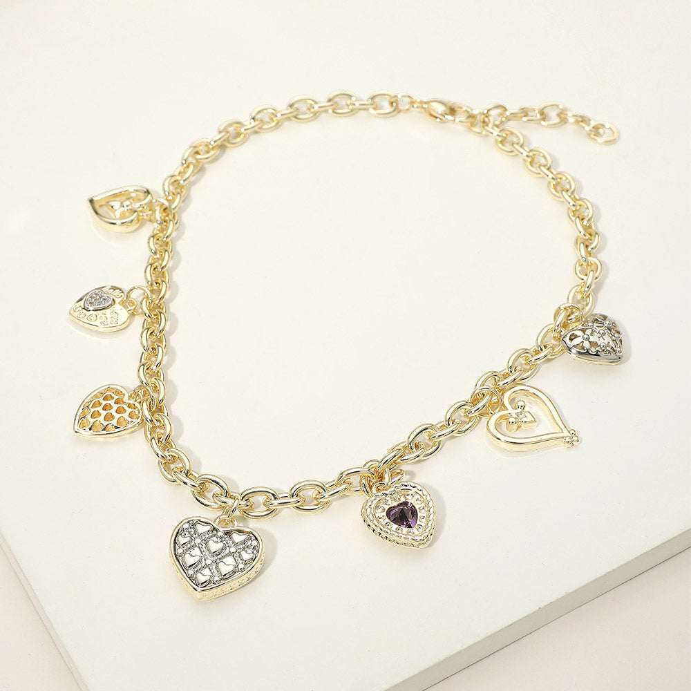14K Gold Plated CZ Heart Charm Station Necklace M H W ACCESSORIES LLC 14K Gold Plated CZ Heart Charm Station Necklace