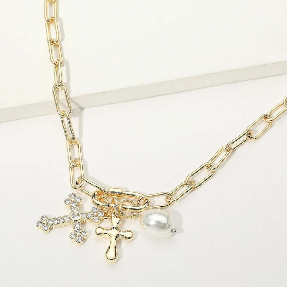 14K Gold Plated Carabiner CZ Pave Cross Peral Charm Pendant Paperclip Chain Necklace M H W ACCESSORIES LLC 14K Gold Plated Carabiner CZ Pave Cross Peral Charm Pendant Paperclip Chain Necklace