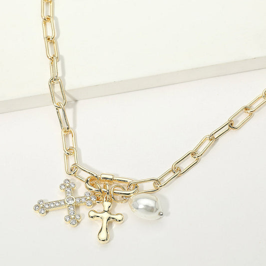 14K Gold Plated Carabiner CZ Pave Cross Peral Charm Pendant Paperclip Chain Necklace M H W ACCESSORIES LLC 14K Gold Plated Carabiner CZ Pave Cross Peral Charm Pendant Paperclip Chain Necklace