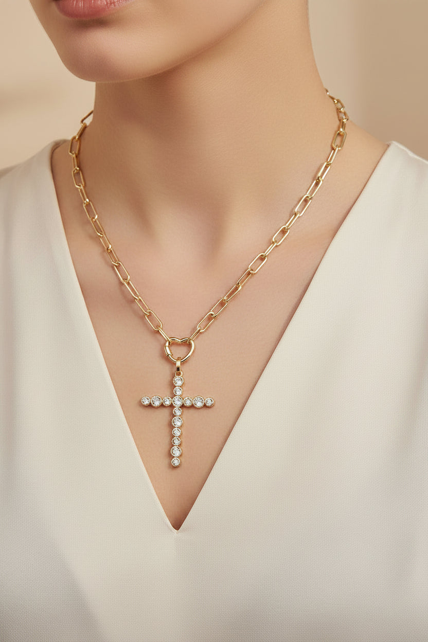 14K Gold Plated CZ Bezel Cross Pendant Paperclip Chain Necklace M H W ACCESSORIES LLC 14K Gold Plated CZ Bezel Cross Pendant Paperclip Chain Necklace