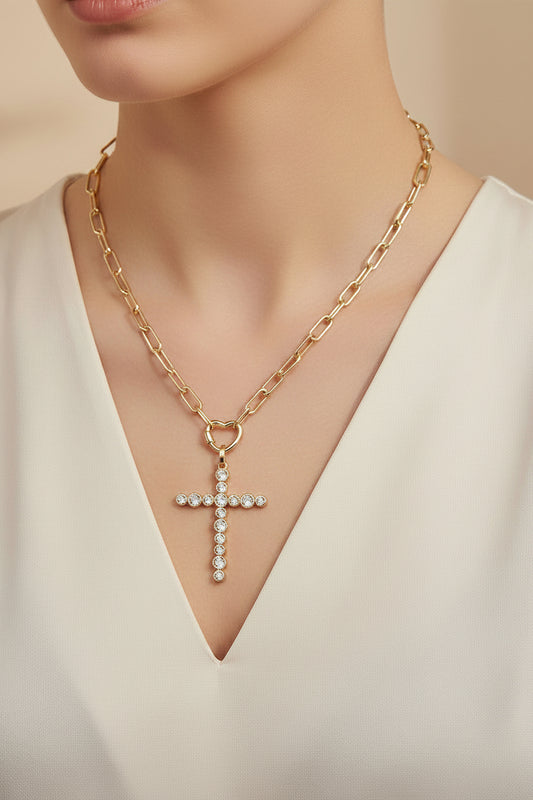 14K Gold Plated CZ Bezel Cross Pendant Paperclip Chain Necklace M H W ACCESSORIES LLC 14K Gold Plated CZ Bezel Cross Pendant Paperclip Chain Necklace