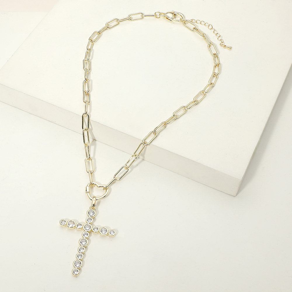 14K Gold Plated CZ Bezel Cross Pendant Paperclip Chain Necklace M H W ACCESSORIES LLC 14K Gold Plated CZ Bezel Cross Pendant Paperclip Chain Necklace