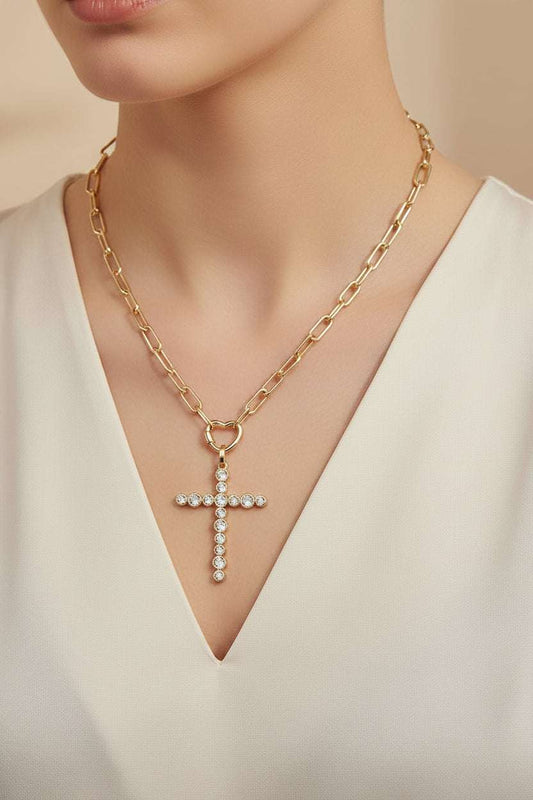 14K Gold Plated CZ Bezel Cross Pendant Paperclip Chain Necklace M H W ACCESSORIES LLC 14K Gold Plated CZ Bezel Cross Pendant Paperclip Chain Necklace