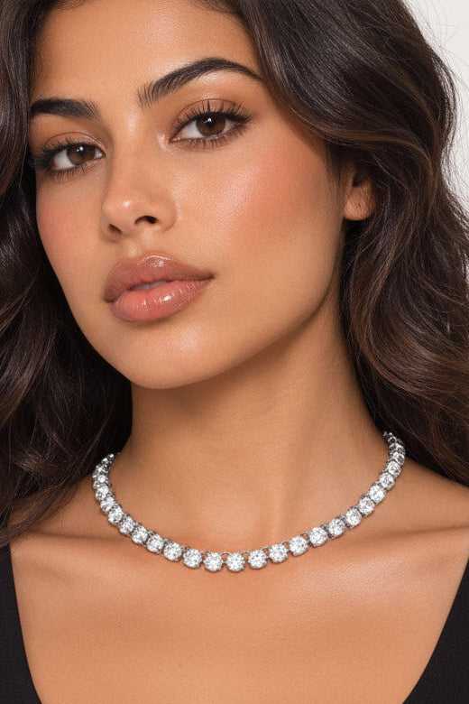 Faceted Round Gem Silver Link Evening Necklace M H W ACCESSORIES LLC Faceted Round Gem Silver Link Evening Necklace