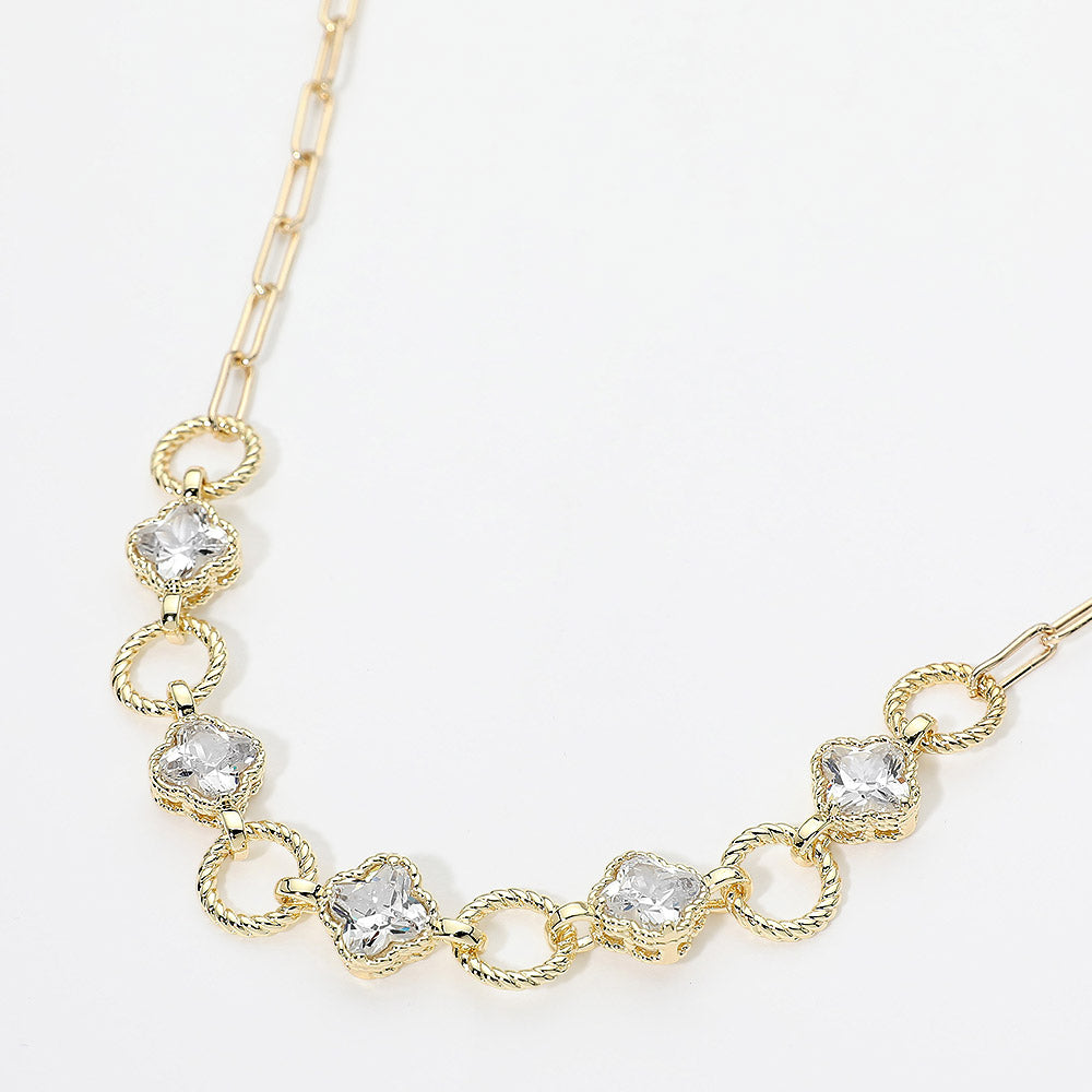14K Gold Plated CZ Quatrefoil Textured Ring Link Toggle Necklace