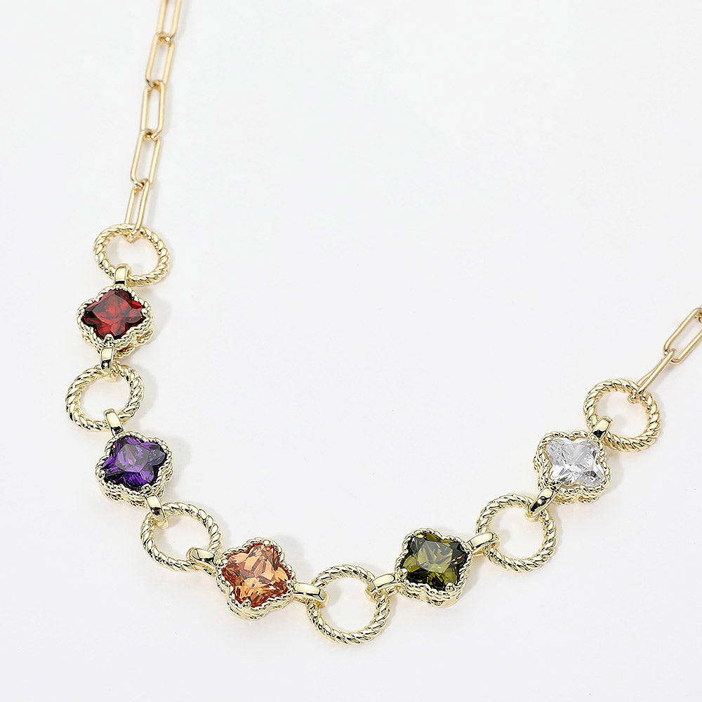 14K Gold Plated Multi-Color CZ Quatrefoil Textured Ring Link Toggle Necklace