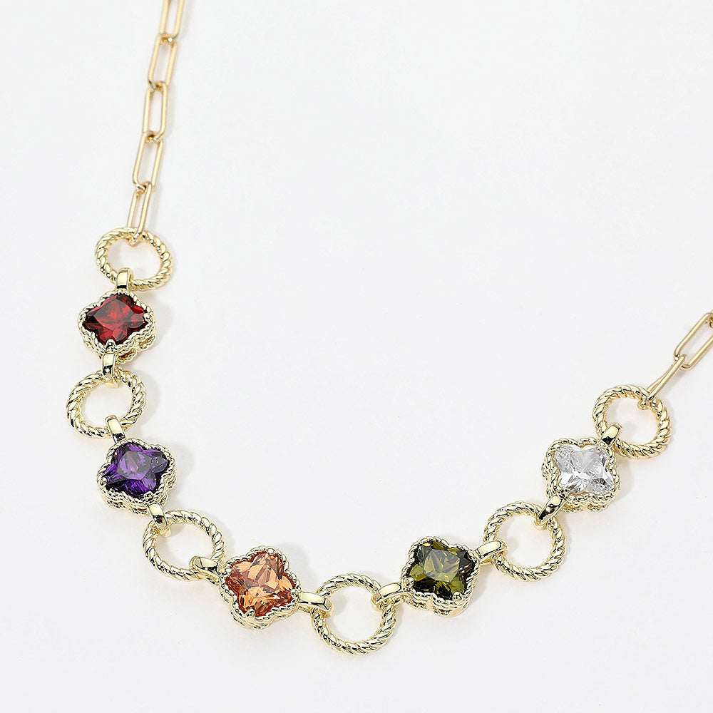 14K Gold Plated Multi-Color CZ Quatrefoil Textured Ring Link Toggle Necklace M H W ACCESSORIES LLC 14K Gold Plated Multi-Color CZ Quatrefoil Textured Ring Link Toggle Necklace
