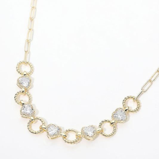 14K Gold Plated CZ Pave Heart Link Paperclip Chain Necklace