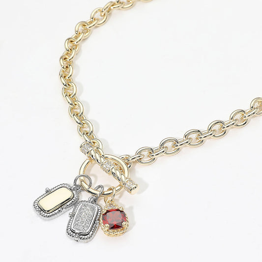 14K Gold Plated CZ Stone Two Tone Bar Charm Pendant Toggle Necklace