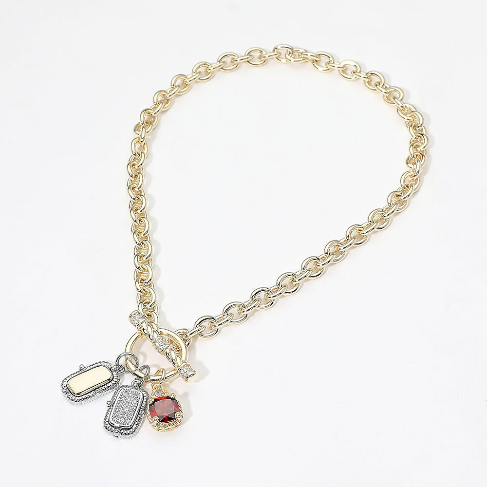 14K Gold Plated CZ Stone Two Tone Bar Charm Pendant Toggle Necklace