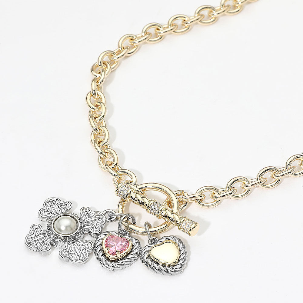 14K Gold Plated CZ Heart Pearl Accent Cross Charm Pendant Toggle Necklace
