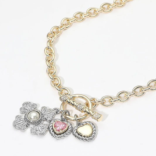 14K Gold Plated CZ Heart Pearl Accent Cross Charm Pendant Toggle Necklace