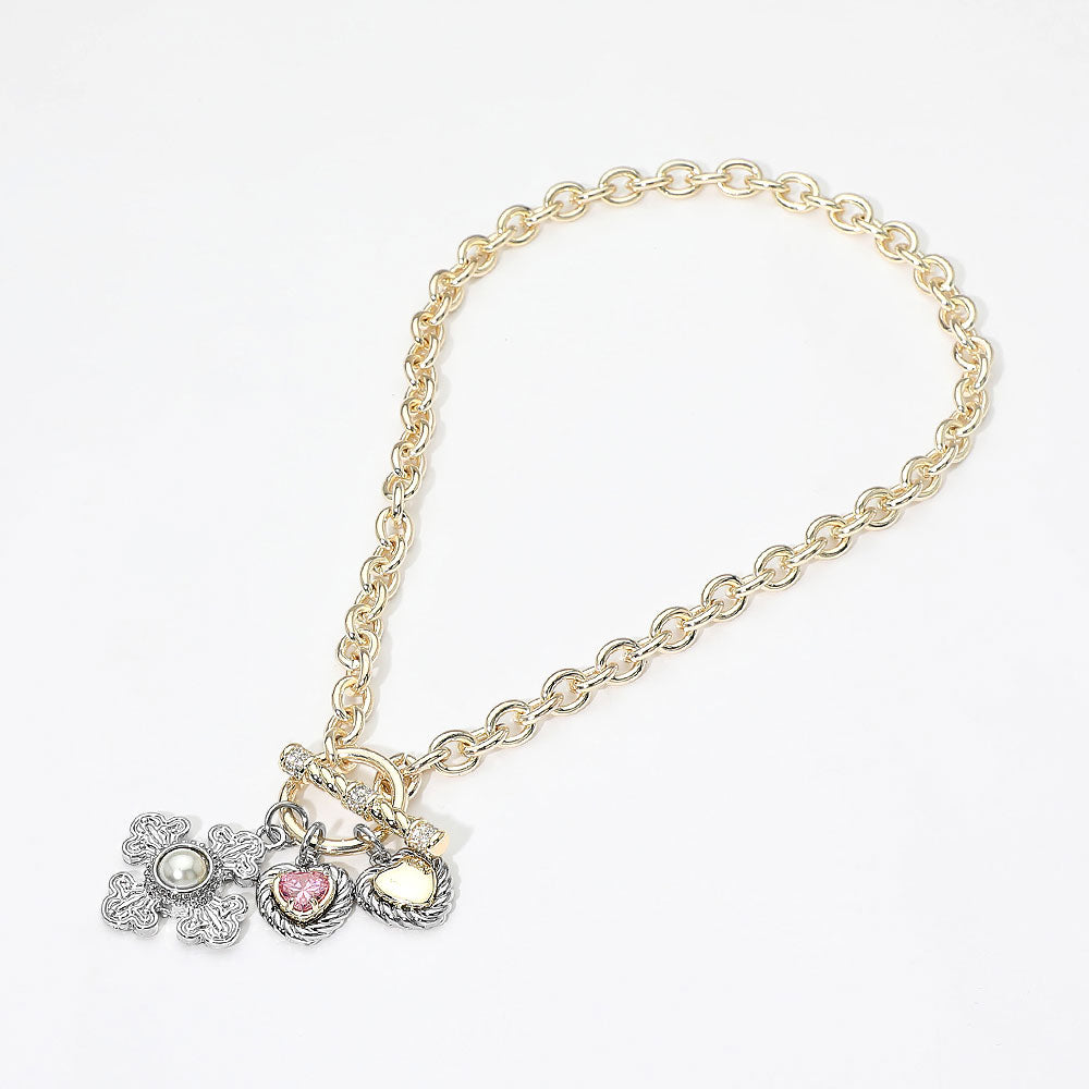 14K Gold Plated CZ Heart Pearl Accent Cross Charm Pendant Toggle Necklace