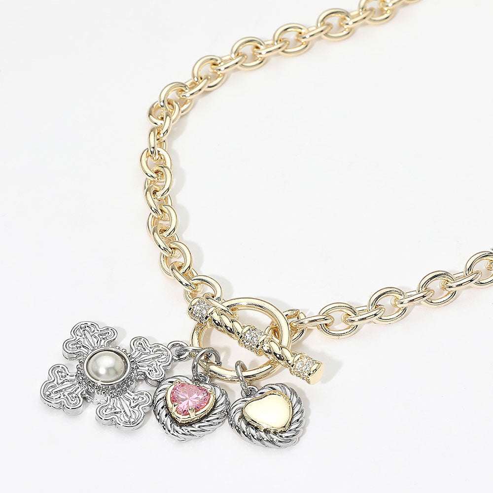 14K Gold Plated CZ Heart Pearl Accent Cross Charm Pendant Toggle Necklace M H W ACCESSORIES LLC 14K Gold Plated CZ Heart Pearl Accent Cross Charm Pendant Toggle Necklace