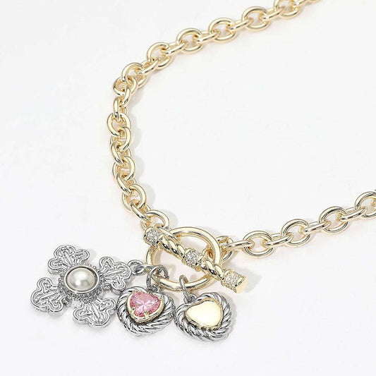 14K Gold Plated CZ Heart Pearl Accent Cross Charm Pendant Toggle Necklace M H W ACCESSORIES LLC 14K Gold Plated CZ Heart Pearl Accent Cross Charm Pendant Toggle Necklace