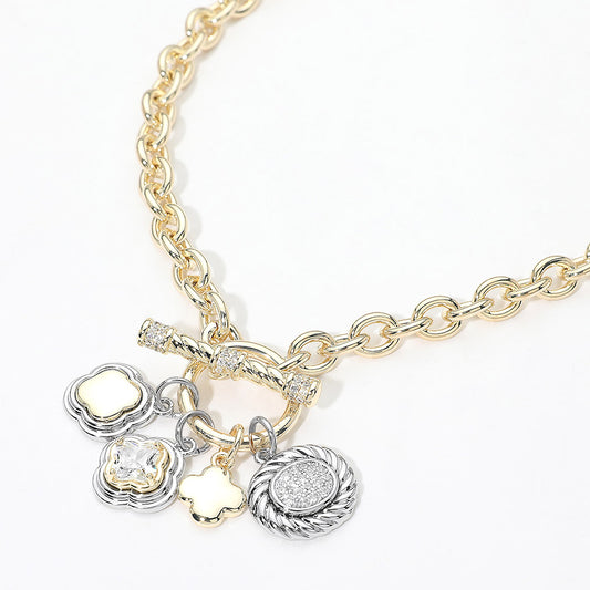14K Gold Plated Two Tone CZ Quatrefoil Oval Multi Charm Toggle Necklace