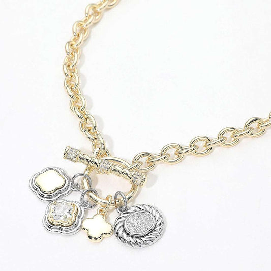 14K Gold Plated Two Tone CZ Quatrefoil Oval Multi Charm Toggle Necklace M H W ACCESSORIES LLC 14K Gold Plated Two Tone CZ Quatrefoil Oval Multi Charm Toggle Necklace