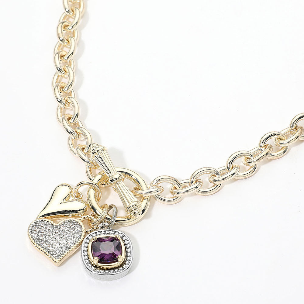 14K Gold Plated CZ Pave Heart Square Cluster Charm Pendant Toggle Necklace