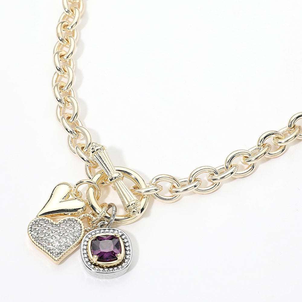 14K Gold Plated CZ Pave Heart Square Cluster Charm Pendant Toggle Necklace M H W ACCESSORIES LLC 14K Gold Plated CZ Pave Heart Square Cluster Charm Pendant Toggle Necklace