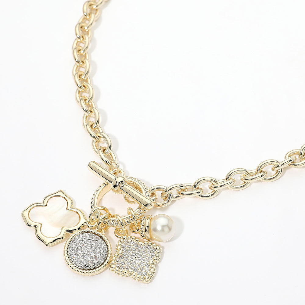 14K Gold Plated CZ Pave Quatrefoil Pearl Floral Charm Pendant Toggle Necklace