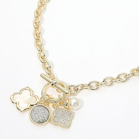 14K Gold Plated CZ Pave Quatrefoil Pearl Floral Charm Pendant Toggle Necklace