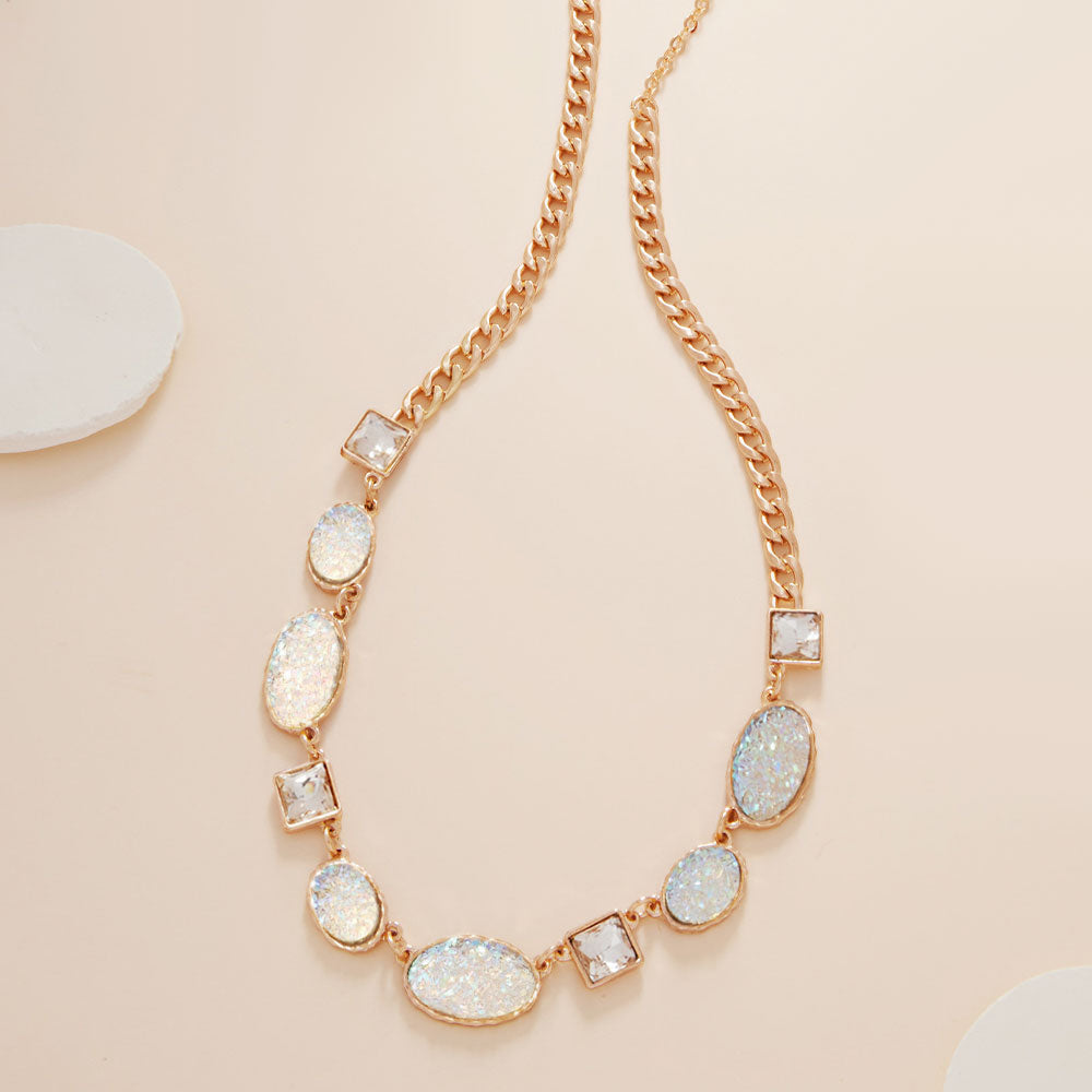 White Oval Druzy Square Stone Cluster Station Necklace - M H W ACCESSORIES LLC