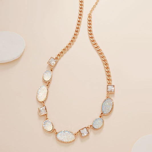 White Oval Druzy Square Stone Cluster Station Necklace - M H W ACCESSORIES LLC