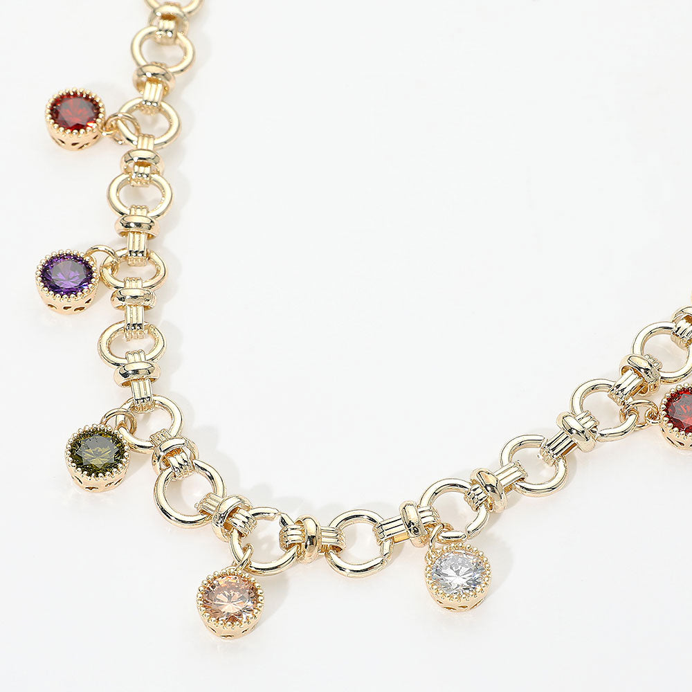 14K Gold Plated Colorful Round CZ Charm Station Chunky Chain Necklace M H W ACCESSORIES LLC 14K Gold Plated Colorful Round CZ Charm Station Chunky Chain Necklace