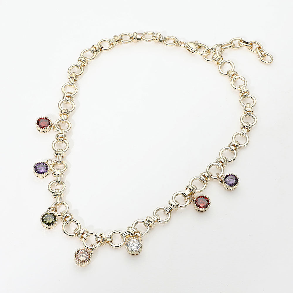 14K Gold Plated Colorful Round CZ Charm Station Chunky Chain Necklace M H W ACCESSORIES LLC 14K Gold Plated Colorful Round CZ Charm Station Chunky Chain Necklace