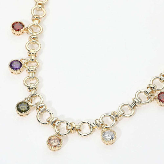 14K Gold Plated Colorful Round CZ Charm Station Chunky Chain Necklace M H W ACCESSORIES LLC 14K Gold Plated Colorful Round CZ Charm Station Chunky Chain Necklace