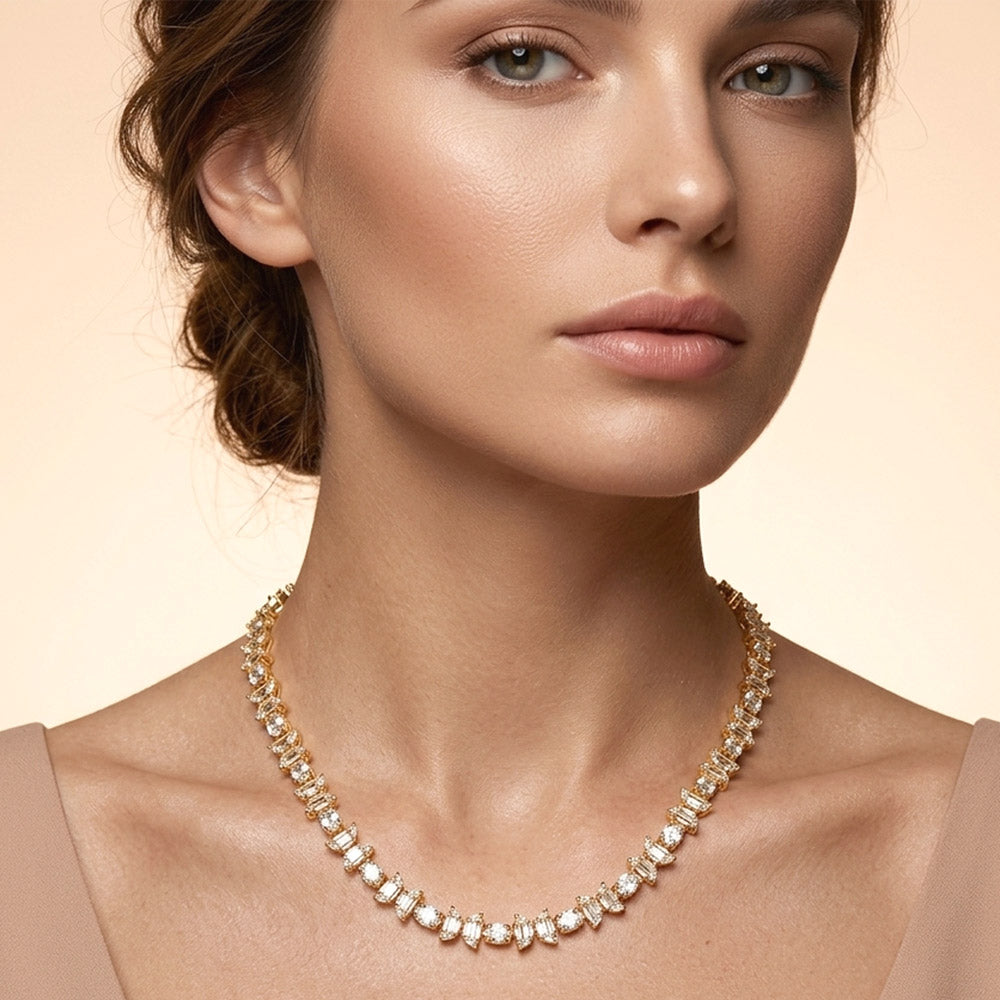 18K Gold Dipped Half Moon Round Cluster Link Tennis Chain Necklace M H W ACCESSORIES LLC 18K Gold Dipped Half Moon Round Cluster Link Tennis Chain Necklace