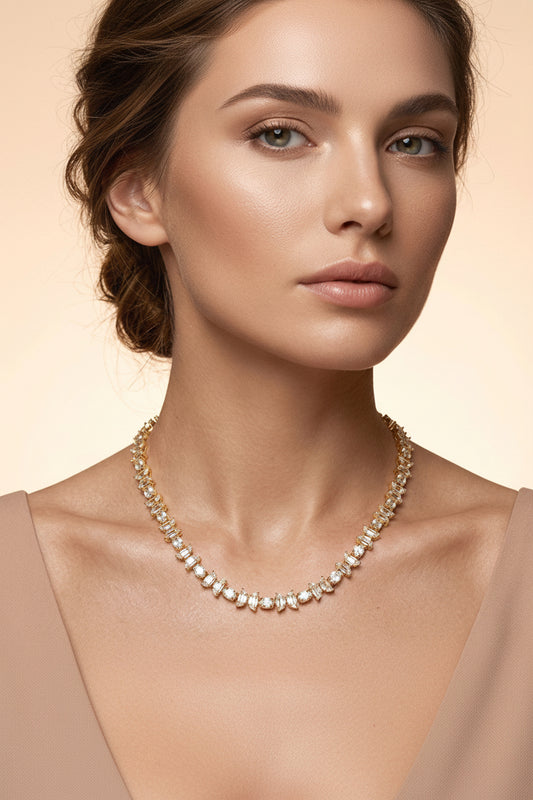 18K Gold Dipped Half Moon Round Cluster Link Tennis Chain Necklace M H W ACCESSORIES LLC 18K Gold Dipped Half Moon Round Cluster Link Tennis Chain Necklace