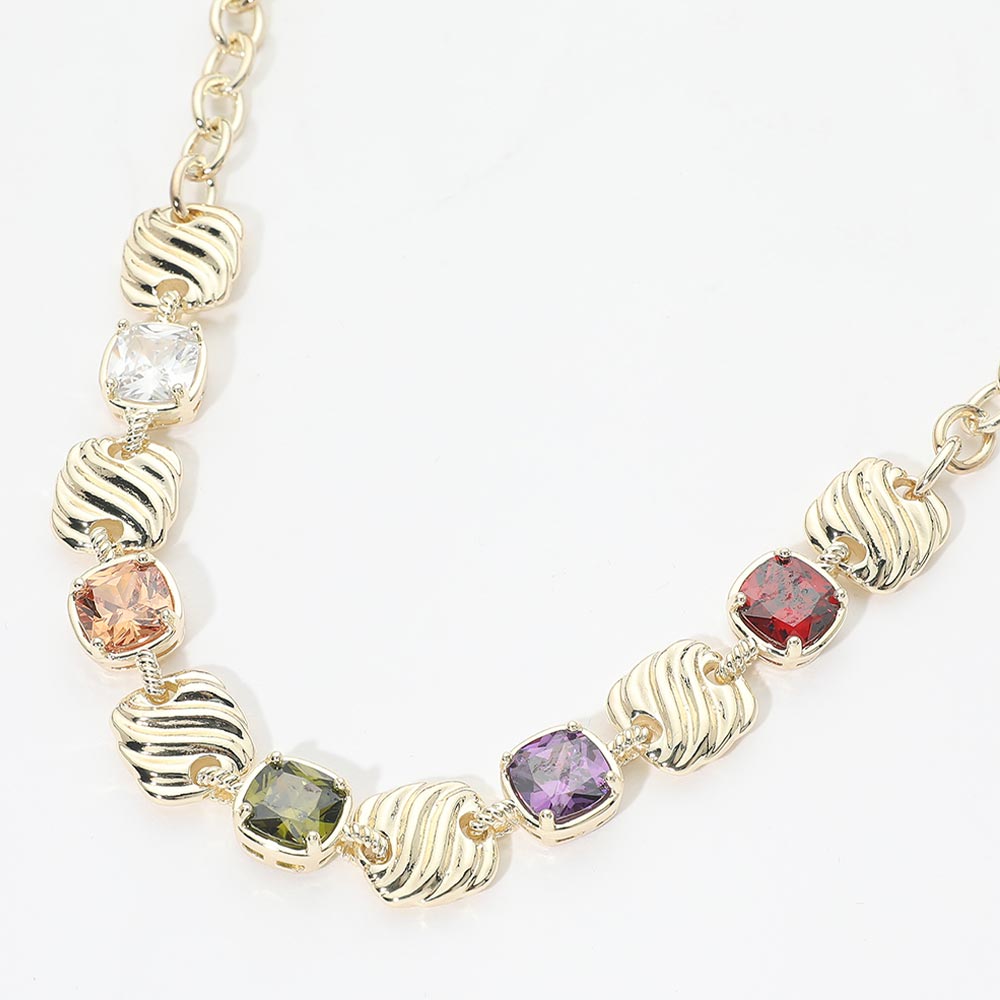 14K Gold Plated Multicolor Square CZ Cluster Textured Plate Link Necklace M H W ACCESSORIES LLC 14K Gold Plated Multicolor Square CZ Cluster Textured Plate Link Necklace