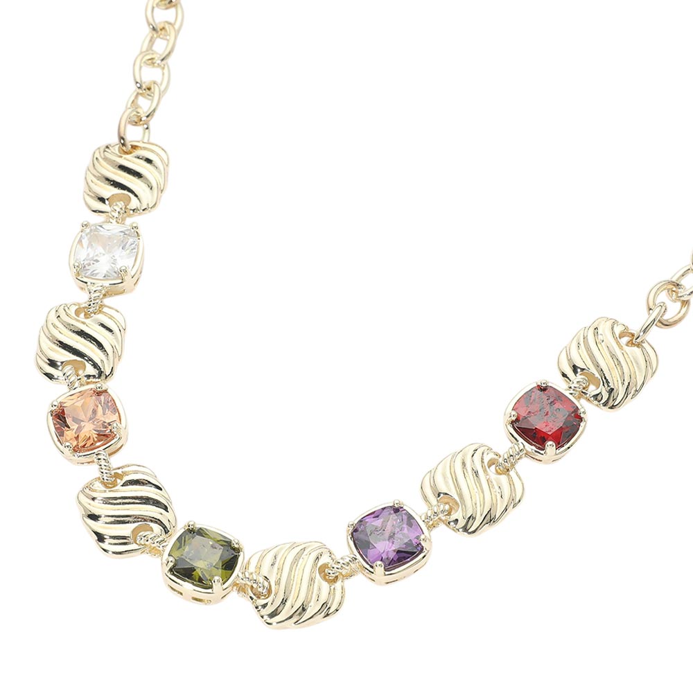 14K Gold Plated Multicolor Square CZ Cluster Textured Plate Link Necklace M H W ACCESSORIES LLC 14K Gold Plated Multicolor Square CZ Cluster Textured Plate Link Necklace