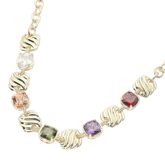 14K Gold Plated Multicolor Square CZ Cluster Textured Plate Link Necklace M H W ACCESSORIES LLC 14K Gold Plated Multicolor Square CZ Cluster Textured Plate Link Necklace
